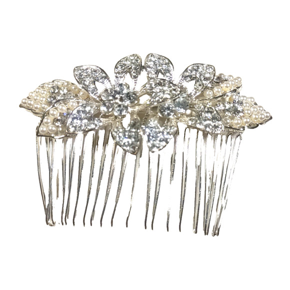 Hair Barrette Comb Rhinestone Faux Pearl silver Tone Floral Wedding Party... - Picture 4 of 6